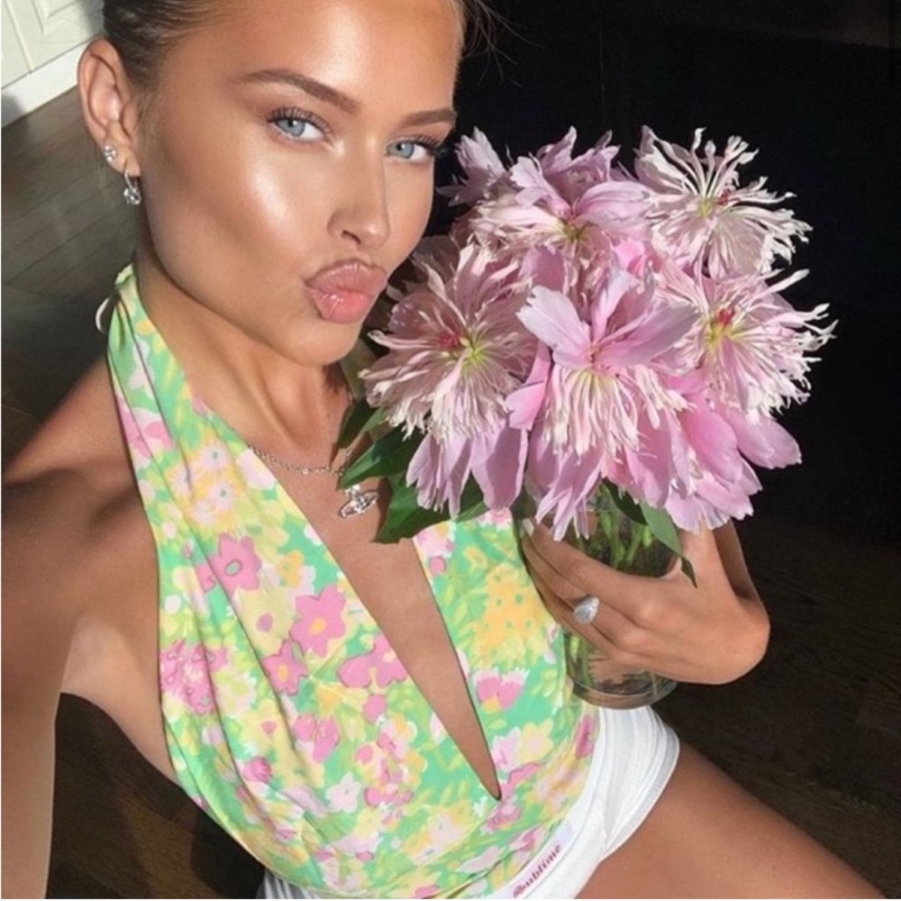 WITH JEAN Rendezvous Floral Pastel Halter Top Cami